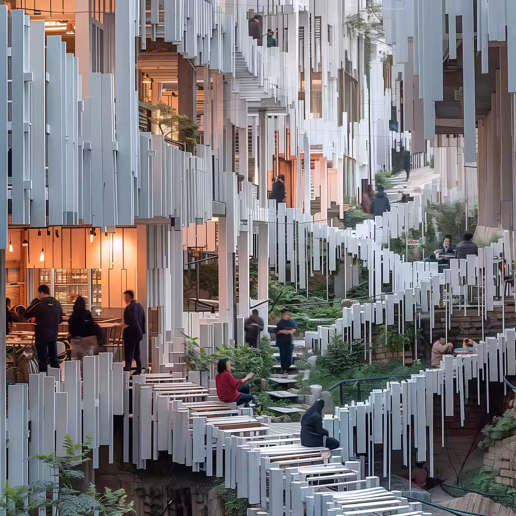 interior perspective of modular timber structure used as community gathering space